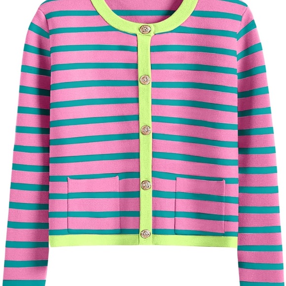 anrabess Sweaters - Striped Pink & Teal Crewneck Cardigan with Lime Trim